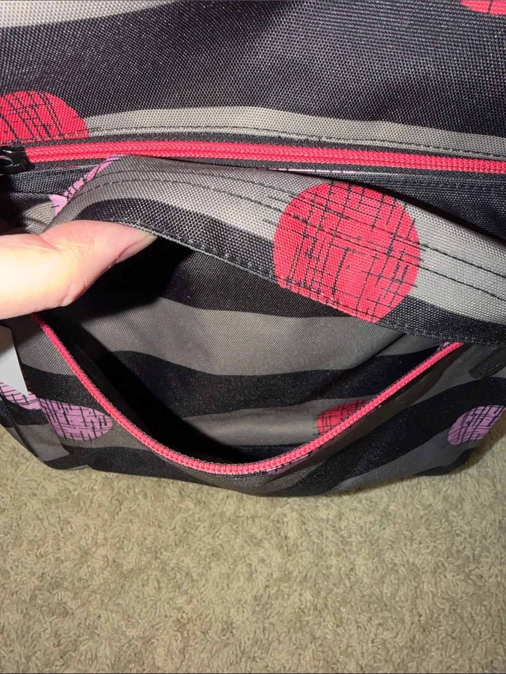 Vera Bradley Black & Gray Striped Backpack with Pink and Red Dot Pattern